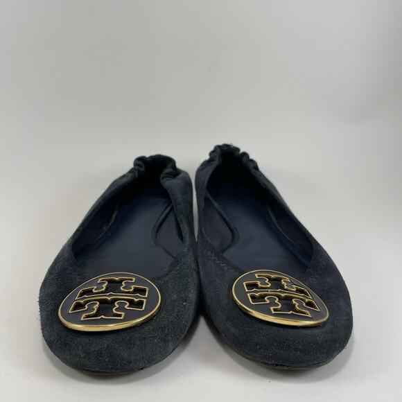 Tory Burch Reva Ballet Flats Shoes Navy Suede Womens Size 7 Slip On Gold Logo - Picture 9 of 9